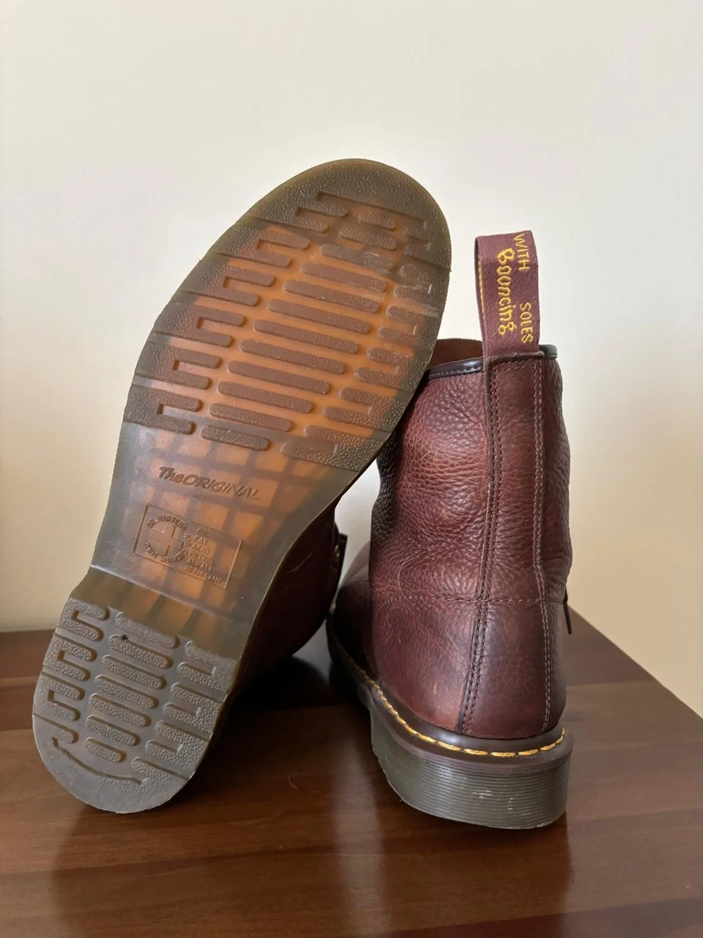 Dr. Martens Brown Leather Lace-Up Work Boots with Yellow Stitching